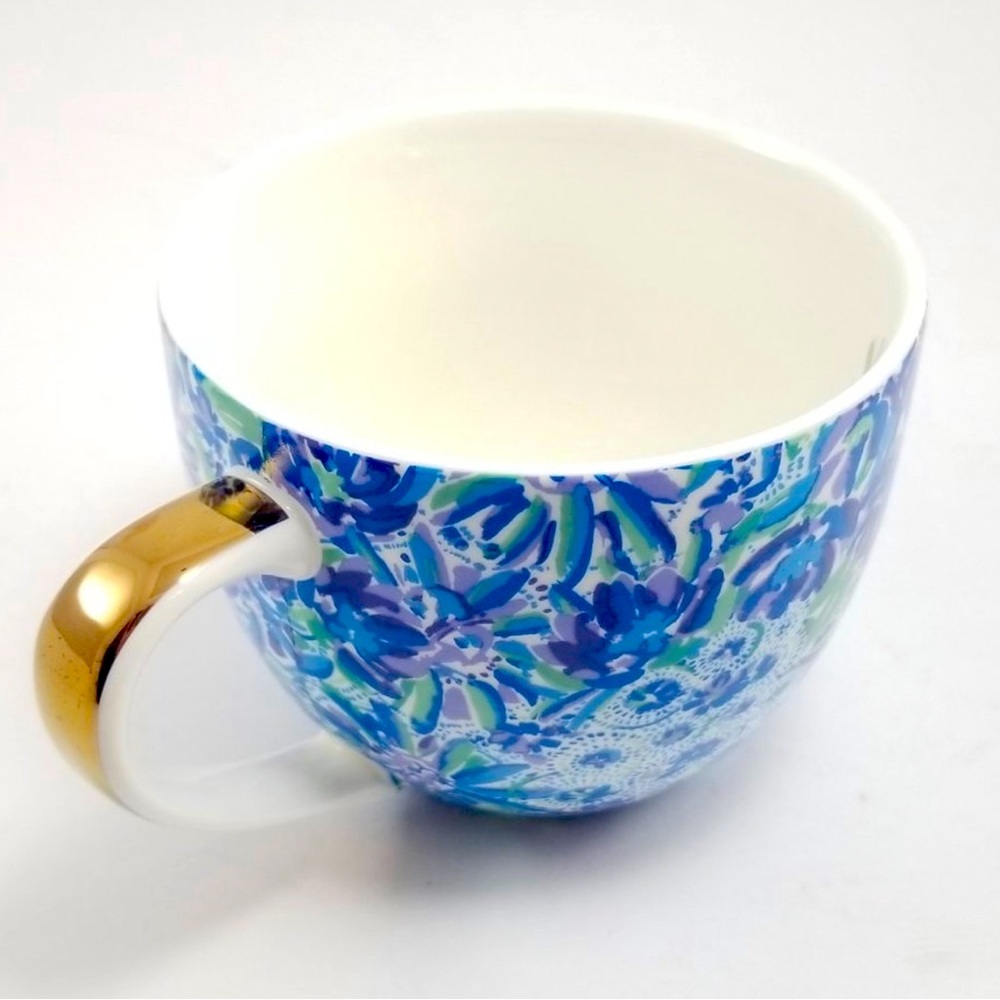 Lilly Pulitzer Blue Print with Gold Handle Ceramic Mugs Set of 2